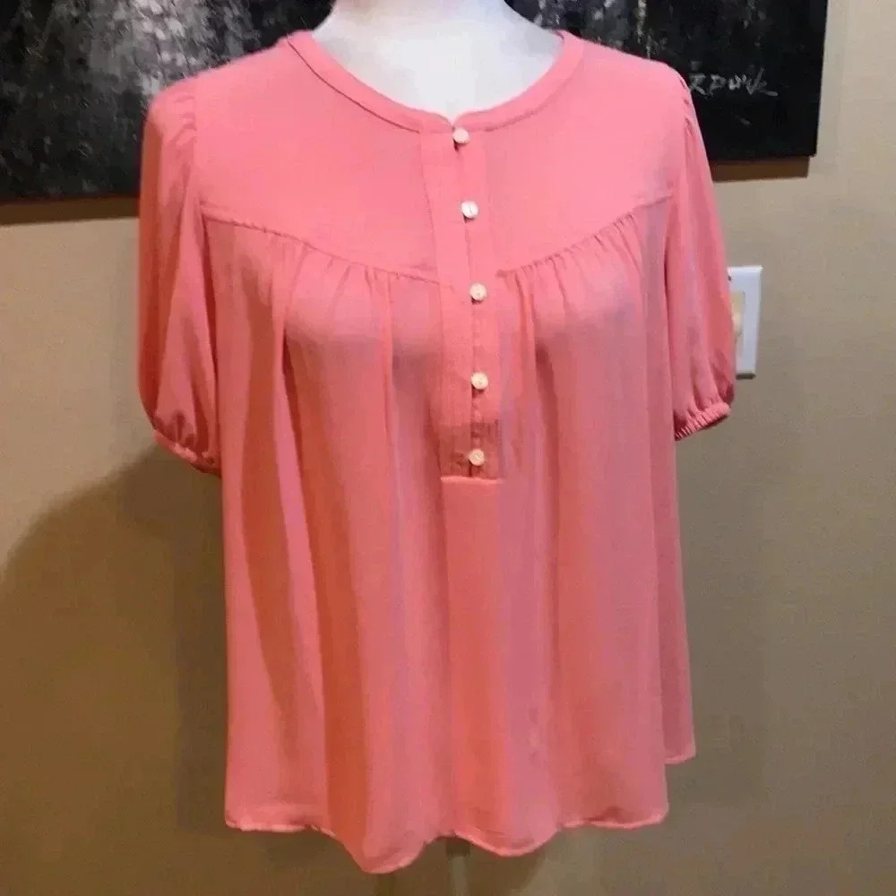 Loft Puffed Short Sleeved Button Front Mixed Fabric Peach Color Top-Size M